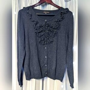 Adrienne Vittadini, Gray Button Up Cardigan Sweater With Ruffles, Size L